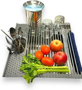 Over the Sink Roll-Up Dish Drying Rack with Utensil Holder Multipurpose Sink Rack Mat Portable Stainless Steel Kitchen Dish Rack Foldable Gray(17.5" X16.4'')