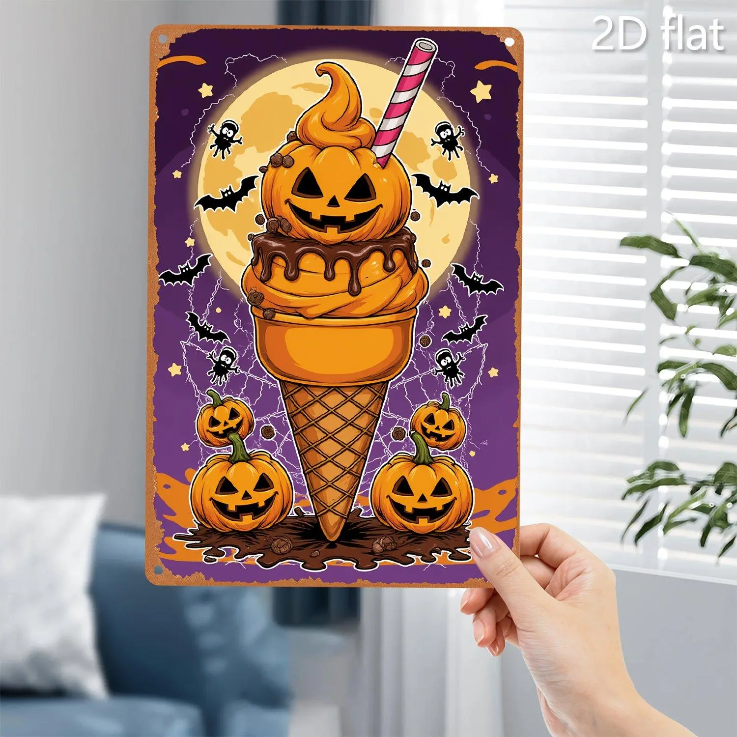 2D Flat 1pc Halloween Ice Cream Cone Art Spooky Pumpkin Bat Design 8x12 Inch Vertical Iron Sheet Painting Metal Indoor Outdoor Hanging Decoration for Home Party Cafe Halloween Theme Decor Perfect for Room
