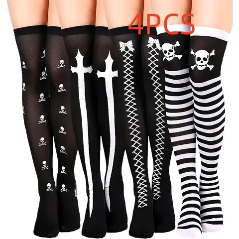 4 Pairs Halloween Thigh High Long Stockings, over Knee Skull Socks for Cosplay, Perfect for Cosplayers Halloween Costume Party Accessories Striped Fashion