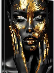 Black Gold African American Woman Wall Art Golden Black Woman Prints Posters Picture Pretty Africa Girl Paintings for Bedroom Living Room Home Decor