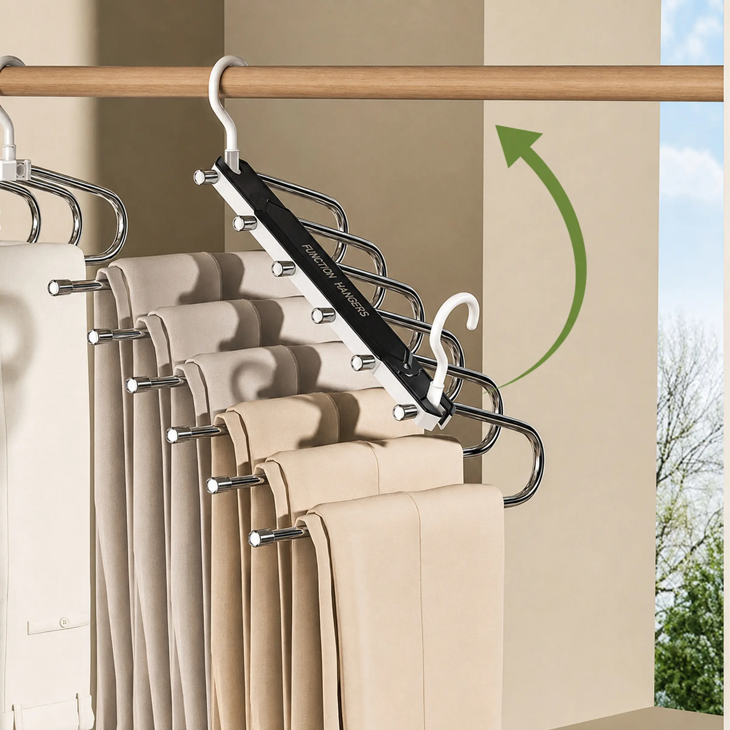 Stainless Steel Anti-Slip 6-Layer Folding Pants Hanger - Durable, Multifunctional, 50mm Spacing for Jeans, Scarves, Compact Closet Organization, Space-Saving Home Organizer for Neat and Orderly Wardrobe