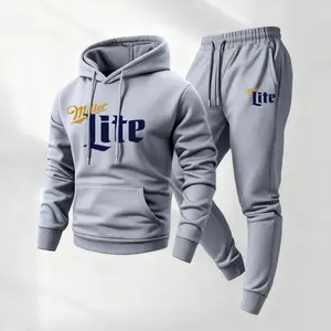 Men's Lite Beer Print Hoodie and Drawstring Sweatpants Set, Menswear, Casual Athletic Long Sleeve Hooded Jacket & Trousers for Fall & Winter, Men's Clothing for Daily Wear, Sportswear Indoor Outdoor, Tracksuit, Athleisure Summer Clothes