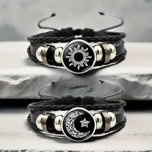 2-Piece Set Glow-in-the-Dark Sun and Moon Punk Couple Bracelets, Multi-Layer Woven PU Leather Wristbands with Artificial Crystal for Men and Women, Everyday Wear, Valentine’s Gift – No Plating