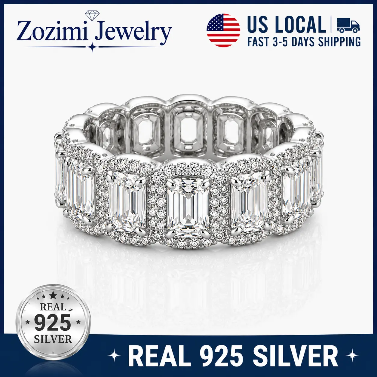 S925 Sterling Silver Emerald Cut Halo CZ Full Eternity Wide Ring Sparkling Simulated Diamond Stackable Wedding Statement Band Hypoallergenic Luxury Bridal Jewelry Anniversary Valentine Gift For Her Women