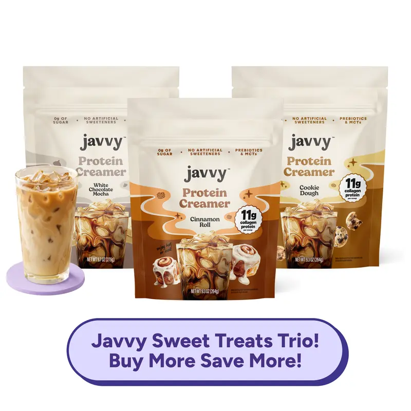 Javvy Sweet Treats Trio TikTok Exclusive Bundle Protein Coffee Creamer Grass Fed Pasture Raised Collagen Hair, Skin & Nail Support, Energy-Boosting MCTs, Keto Friendly, Lactose Free & Gluten Free, No Added Sugar, 11g of Protein
