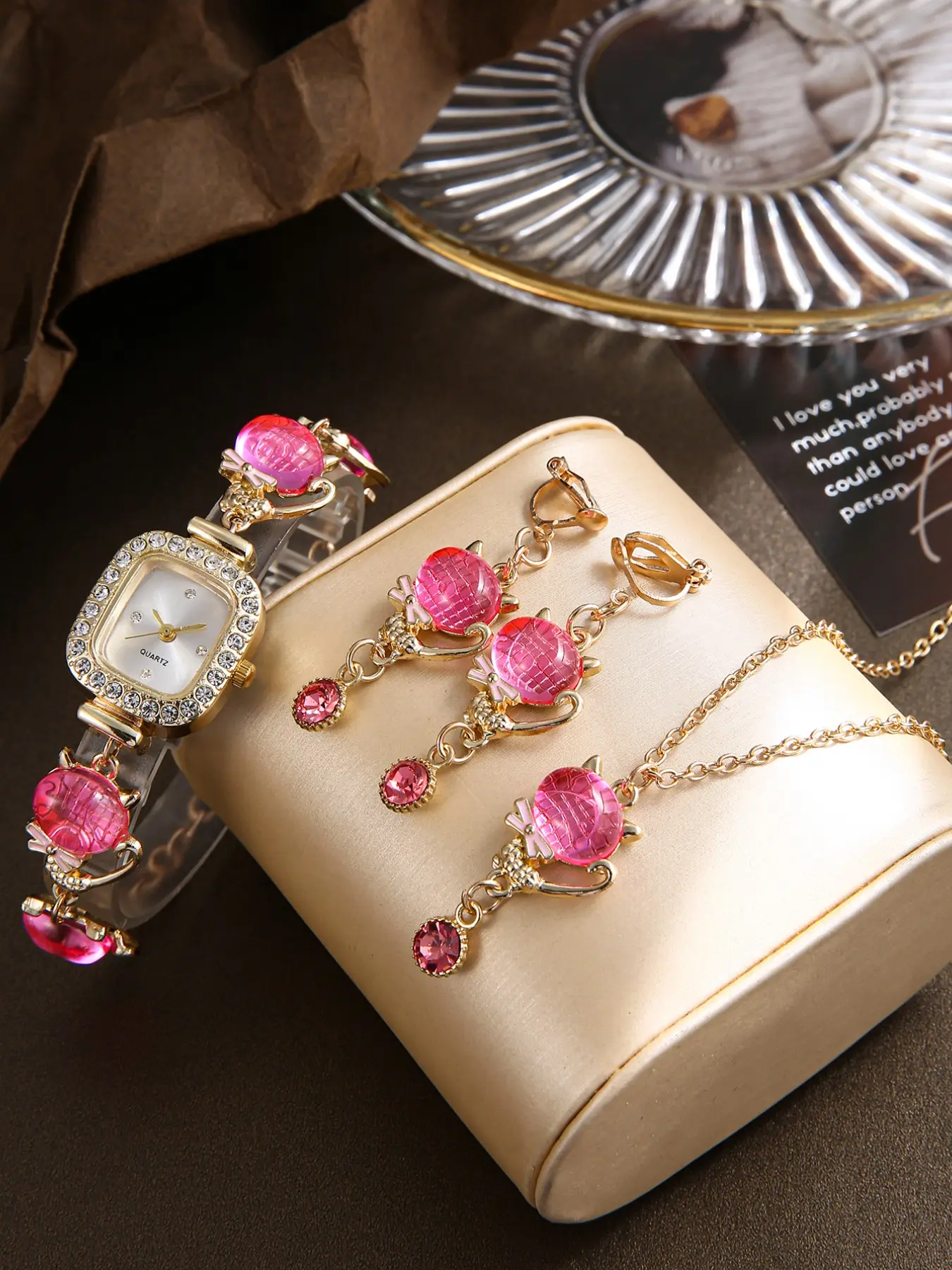 4pcs Elegant Cat Theme Jewelry Set, Quartz Watch & Synthetic Gem Earrings Necklace, Perfect Gift for Holidays & Special Occasions