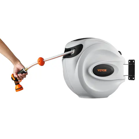 VEVOR Wall Mount Metal Garden Hose Reel (100 ft x 1/2 inch 3-Layer PVC Hose), 180° Swivel Reach, 9-Pattern Nozzle, Automatic Rewind, Lock-at-Any-Length, Slow Return System, 200psi, Fits Brick Concrete Wood Stone, Windows Watering Irrigation Accessory