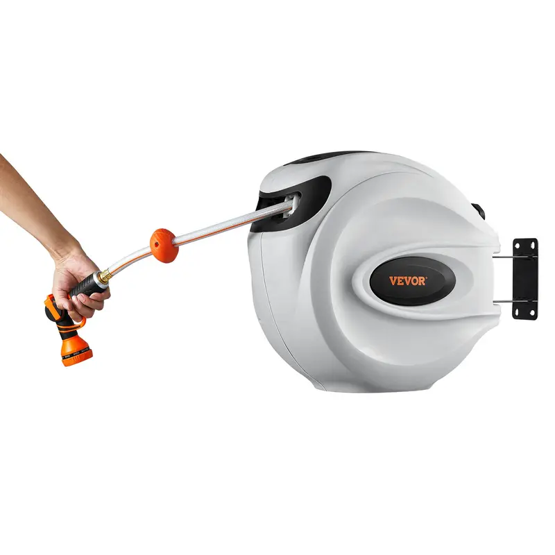 【toolupgrade】VEVOR Wall Mount Metal Garden Hose Reel (100 ft x 1/2 inch 3-Layer PVC Hose), 180° Swivel Reach, 9-Pattern Nozzle, Automatic Rewind, Lock-at-Any-Length, Slow Return System, 200psi, Fits Brick Concrete Wood Stone, Windows Watering Irrigation A