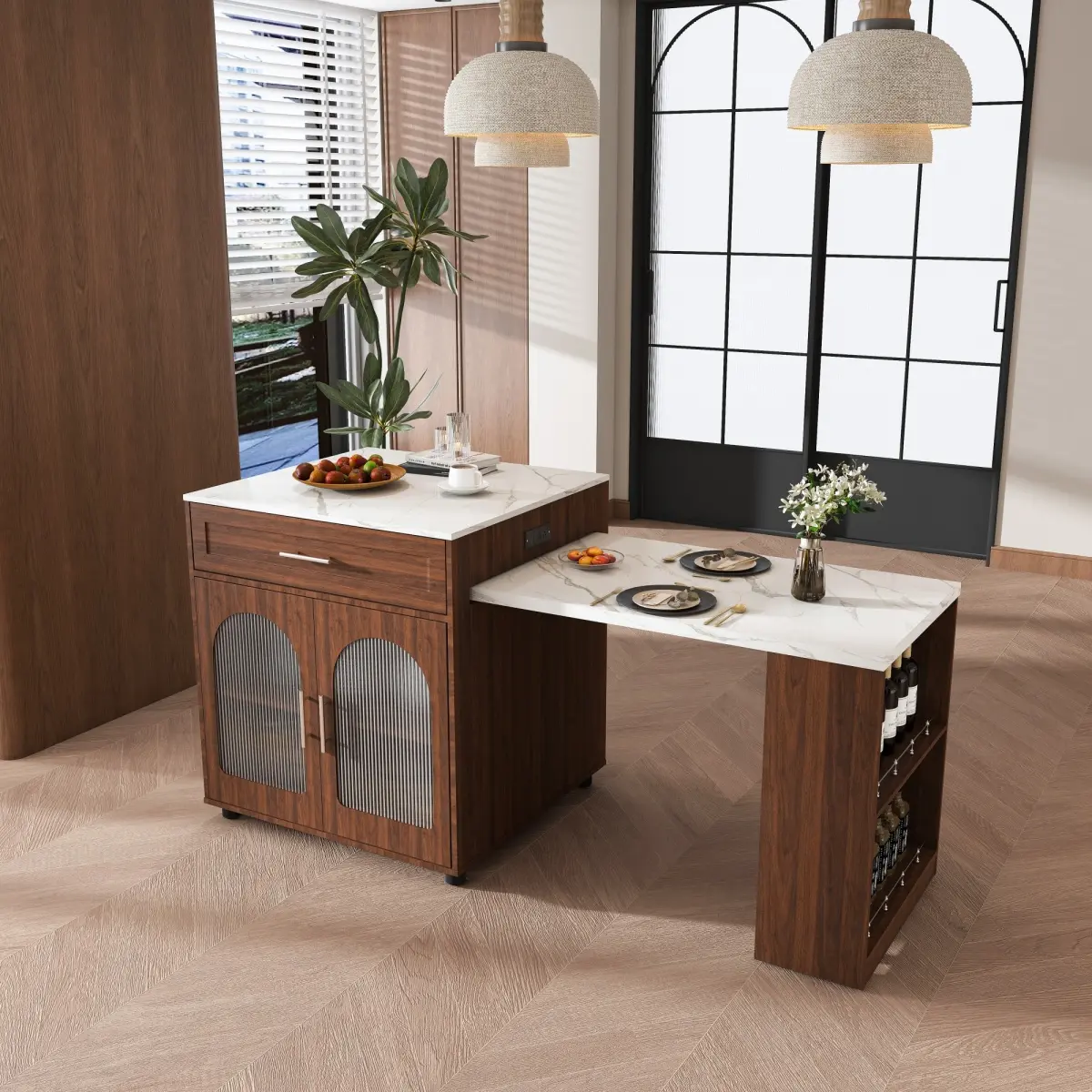 80.70x31.50x34.60-Inch Sturdy Walnut Finish Rolling Kitchen Island - Cabinet and Drawers, Marble Grain Countertop, Split-Compartment, Dual Safety Outlets, USB Port, 4 Lockable Swivel Casters, Compact Prep & Dining Table
