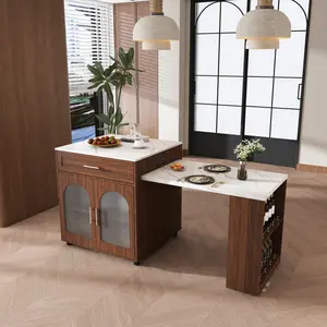 80 Inch Expandable Kitchen Island with Dining Table, Marble Grain Countertop Built-in Power Outlet, Walnut Finish Mobile Storage Cart with Cabinet & 2 Drawers, Rolling Kitchen Prep Table for Small Space Dining Room