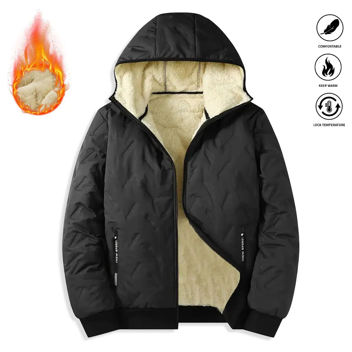 Men’s fleece-lined hooded jacket, solid color, side zipper pockets, thick fleece lining for warmth, suitable for outdoor sports and casual wear; men’s jacket, men’s cotton coat, men’s outerwear, menswear