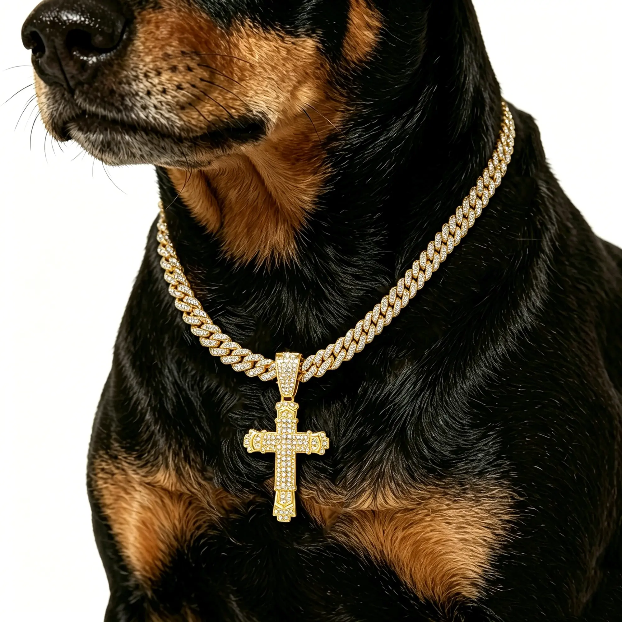 Iced Cross Pendant Cuban Link Dog Collar Gold Hip Hop Pet Bling Necklace 18/20/24 Inch for Small Medium Large Dogs