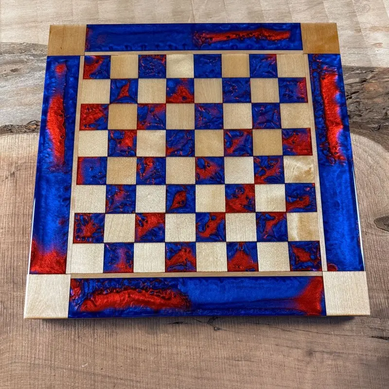 Deep Blue Red Lava Maple Wood Chess Board (INCLUDES PIECES)