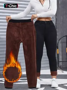 Women's High Elasticity Preppy Casual Fitted Jeans Pants, Thickened Fleece Lined Woven Denim Trousers, Comfortable Fit Fashion Long Pants for Women, Breathable Bottoms, Basic