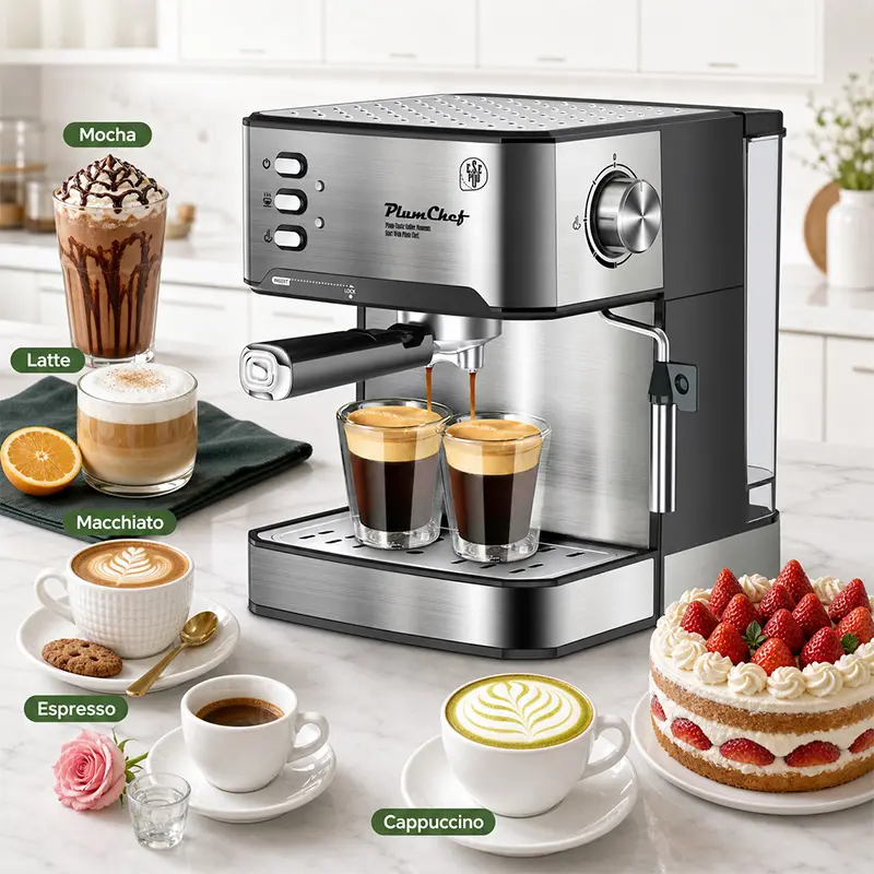 PlumChef Espresso Machine 20 Bar High Pressure Thermoblock Heating ESE Pod & Ground 1.5L Removable Water Tank Powerful Steam Wand