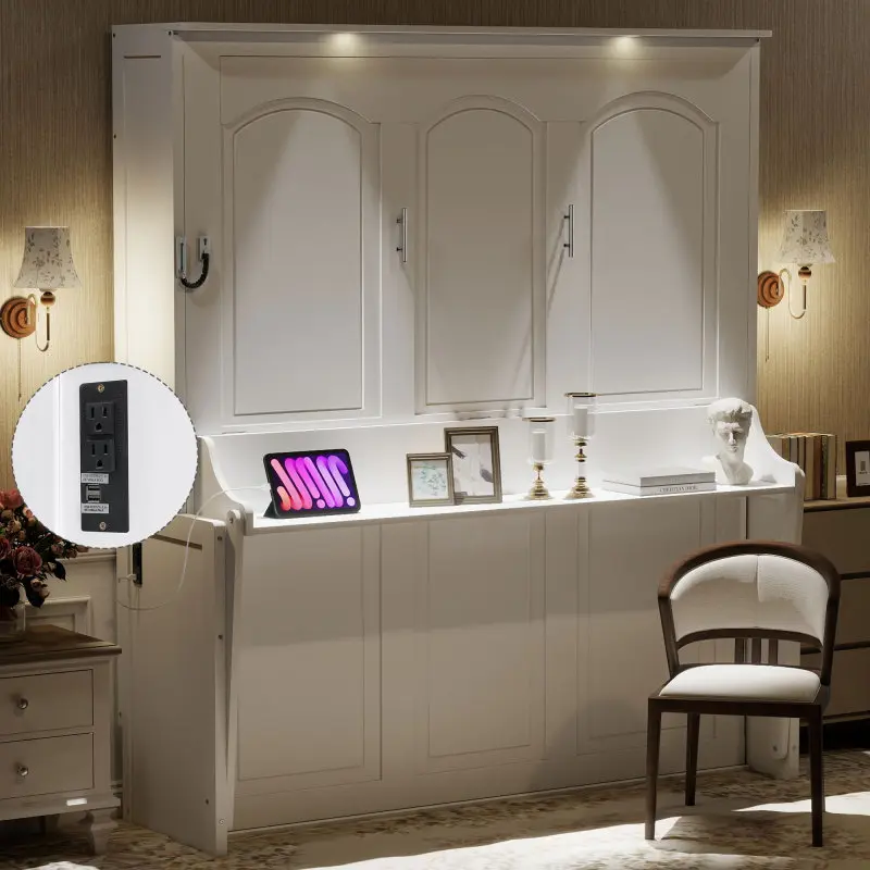 Queen Size Murphy Bed with Desk,LED Lights and USB Charging Station,White(ETA:9/1)