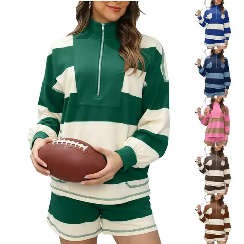 Ommig Women's Striped 2-Piece Athletic Set - Soft Cotton Blend Long Sleeve Half-Zip Shirt & Shorts, Sport Casual Outfit, Running Workout Suit, Outdoor Sports Clothing, Multifunctional Sportswear, OOTD Ideas for Lounge & Workout