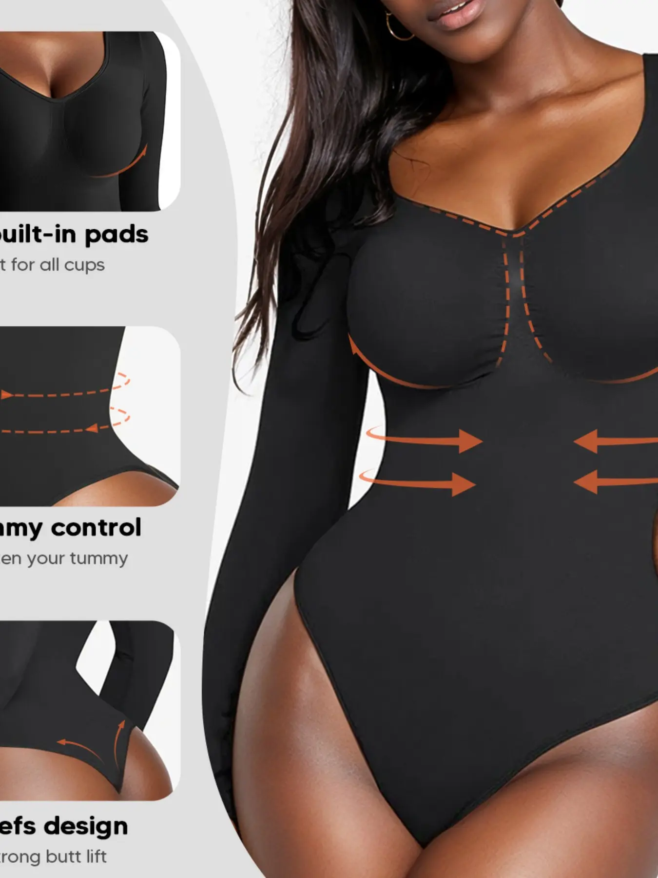 V Neck Long Sleeve Seamless Shapewear Bodysuit, Tummy Control Strong Butt Lifting Design, No Bra Pad Versatile Shaping Underwear, Elegance, Women