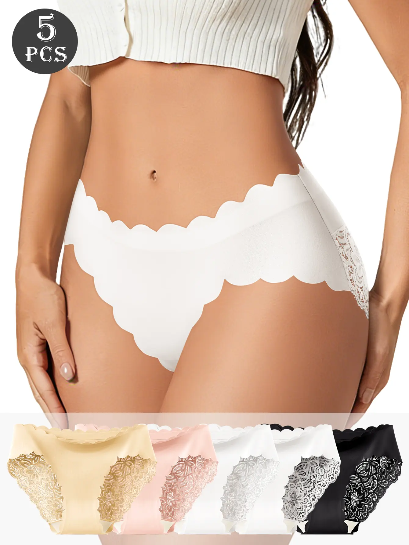 QUASTI 5-Piece Elegant Lace Trim Women's Panties, Exquisite and Elegant, Seamless, Soft, Breathable, Elastic, Comfortable and Fitting, Cute Patchwork Elegant Womenswear, Sizes S-XXL
