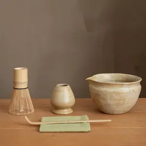 6-pcs Japanese Matcha Whisk Set with Wabi-Sabi Bowl(Chawan),Bamboo Chasen, Whisk Holder, Scoop, Sifter & Tea,Matcha Kit,(Sandstone Reactive Glaze)