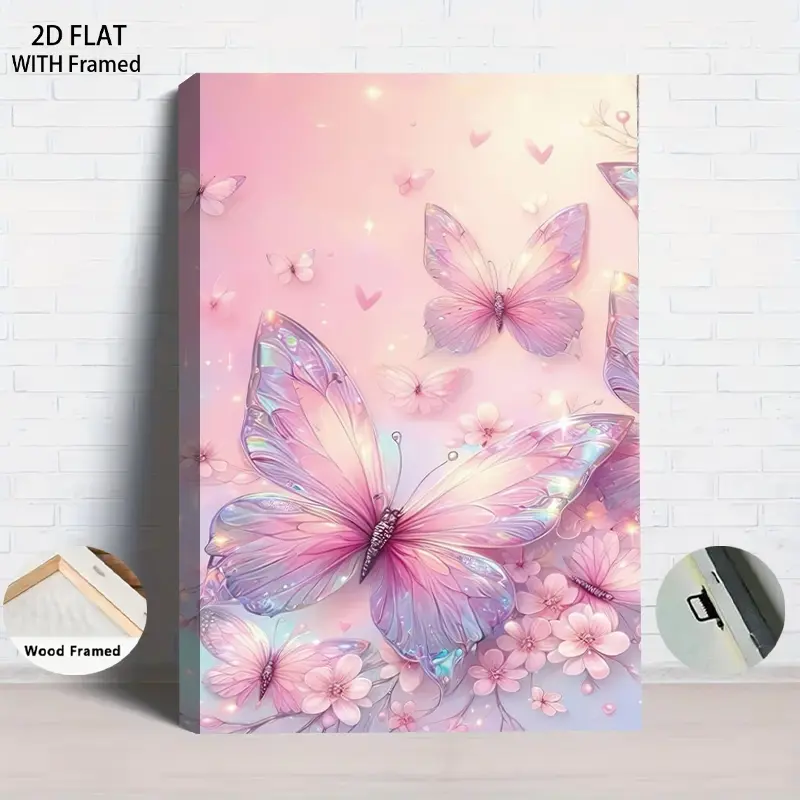 1PCS With Framed Dreamy Pink Butterfly Decorative Painting Modern Minimalist Canvas Wall Art with Solid Wood Frame for Living Room Bedroom Home Decor Soft Furnishing Artwork 40x50cm 2D Flat Home decor