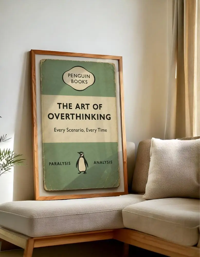 The Art of Overthinking Poster – Funny Penguin Book Parody | Digital & Physical Print | Anxiety Humor, Vintage Mental Spiral Art