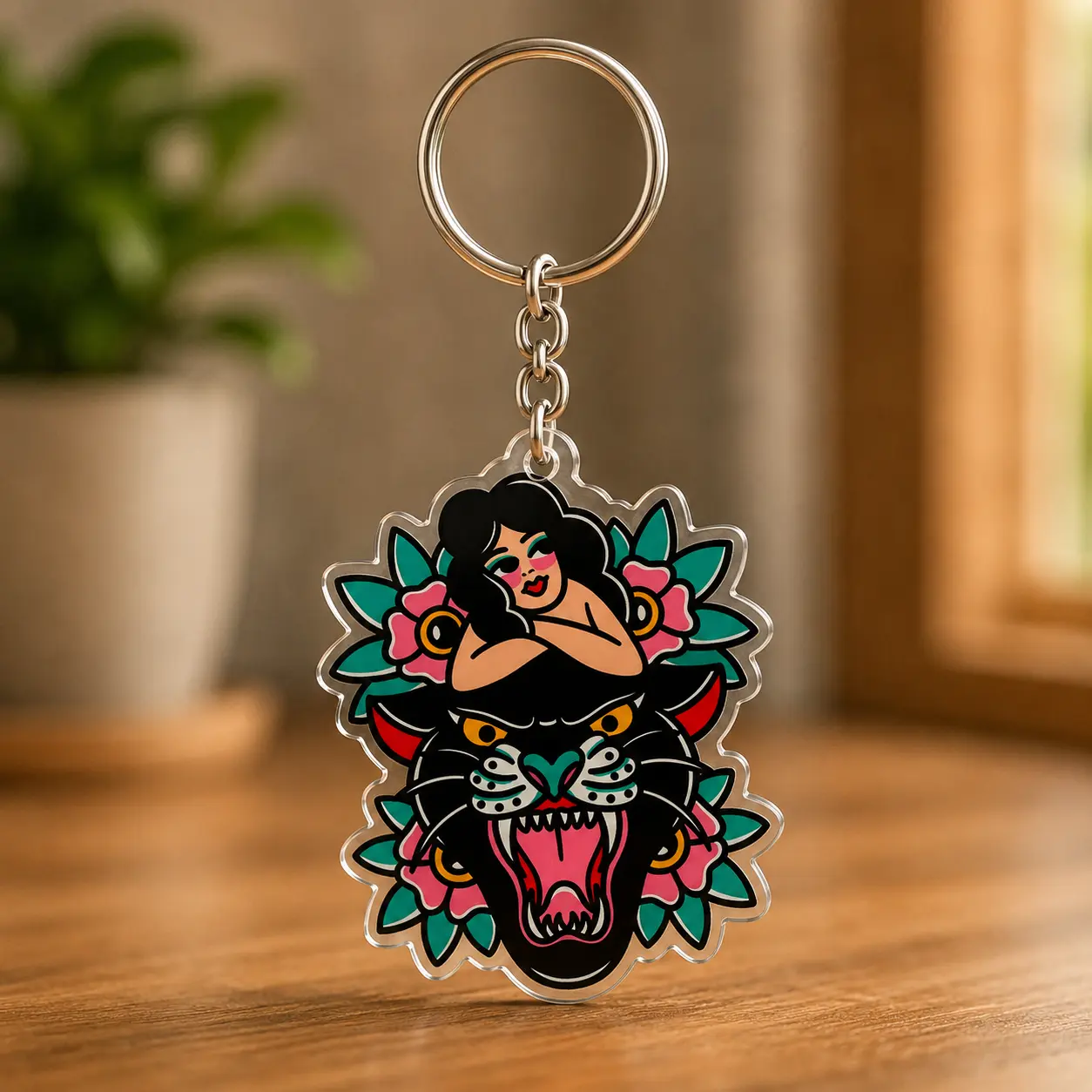 Traditional Tattoo Black Panther Pin Up Girl Acrylic Keychain Retro Tattoo Flash Gothic Punk Gift