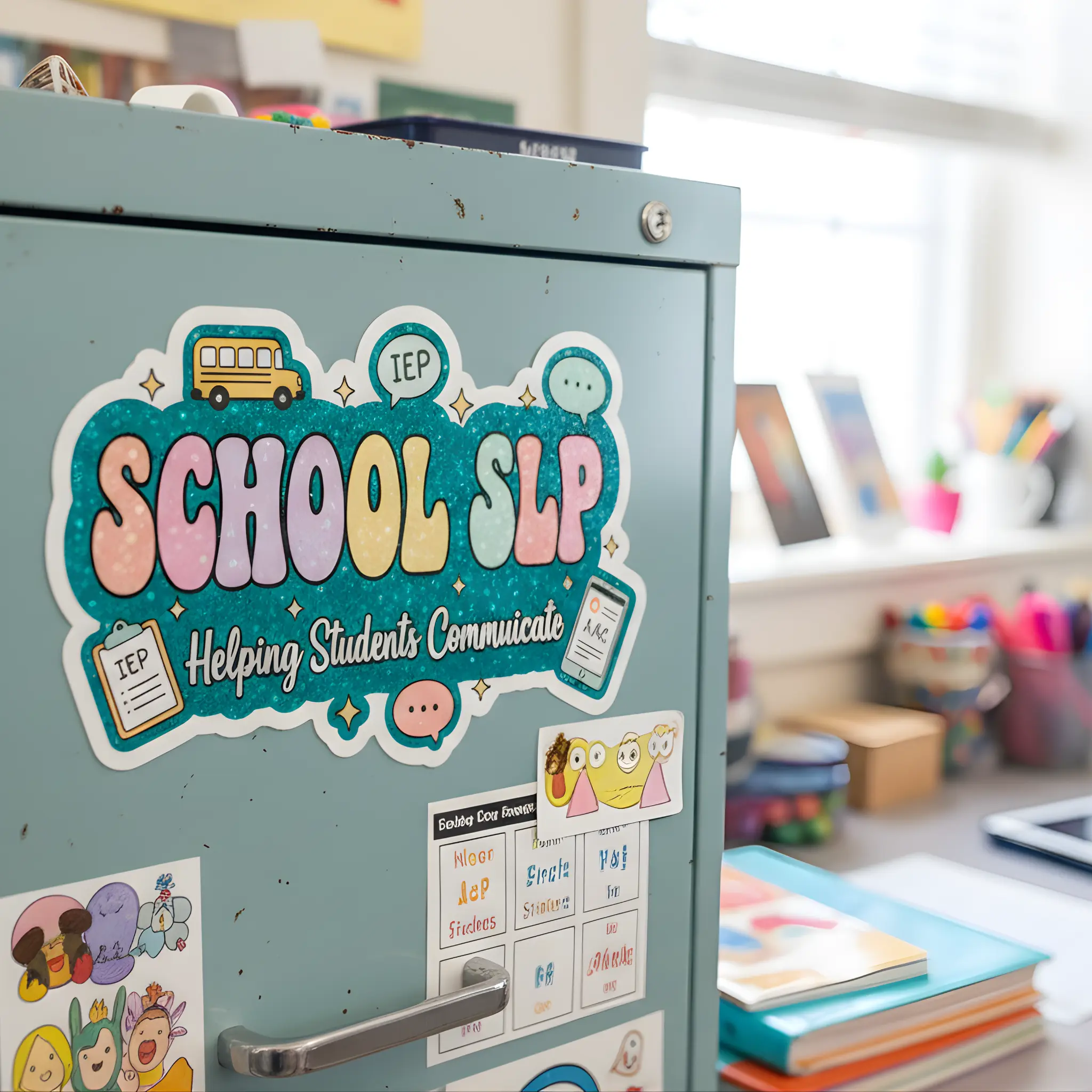 School SLP Sticker – Helping Students Communicate| School bus, chat bubble & AAC