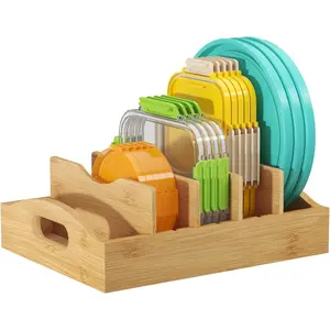 Bamboo Lid Organizers for Inside Cabinet, Food Storage Container Lid Holder with 4 adjustable Inserts & 5 Sections, Kitchen Pantry organizer and storage, 10.6" X 8.3"