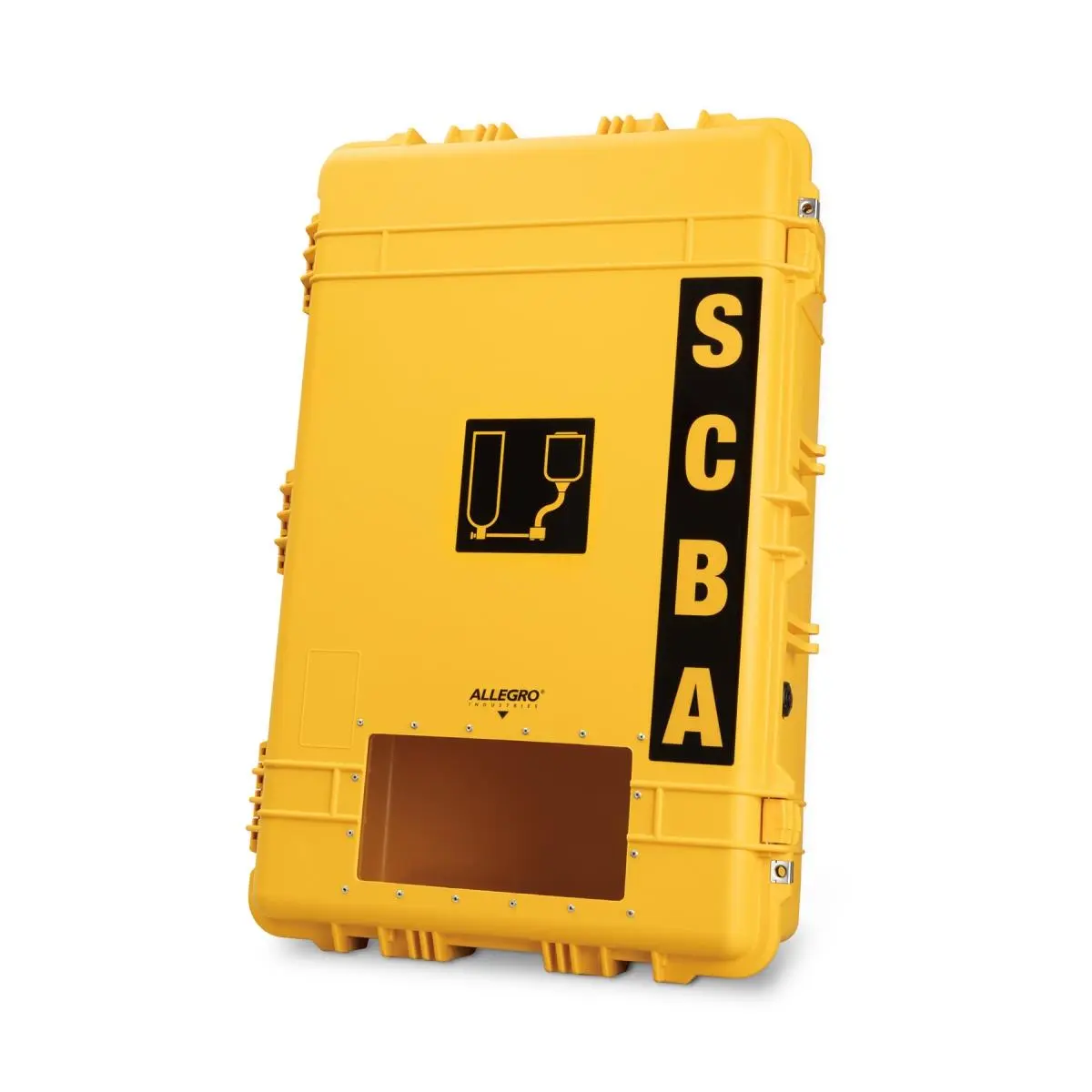 212 MAIN Rugged and Durable Weatherproof Plastic SCBA Wall Case Organiser for SCBA Users, Lightweight Wall-Mount Tool Storage Box with 6.75 in. Clips, Yellow & Black, Window