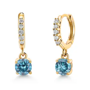 Gem Stone King 10K Yellow Gold Blue Lab Grown Diamond and Lab Grown Diamond Dangle Earrings for Women | 0.64 Cttw | Gemstone April Birthstone | Round 4MM