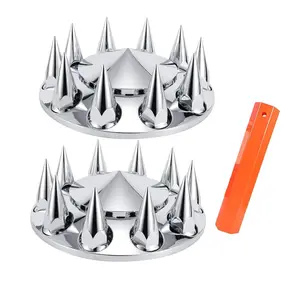 Removable Hub Cap ABS Chrome Plastic Front Axle Cover Kits with 33mm Thread-on Flange Lug Nut Covers for Semi Trucks in Pairs (Spiked, 2 Set)