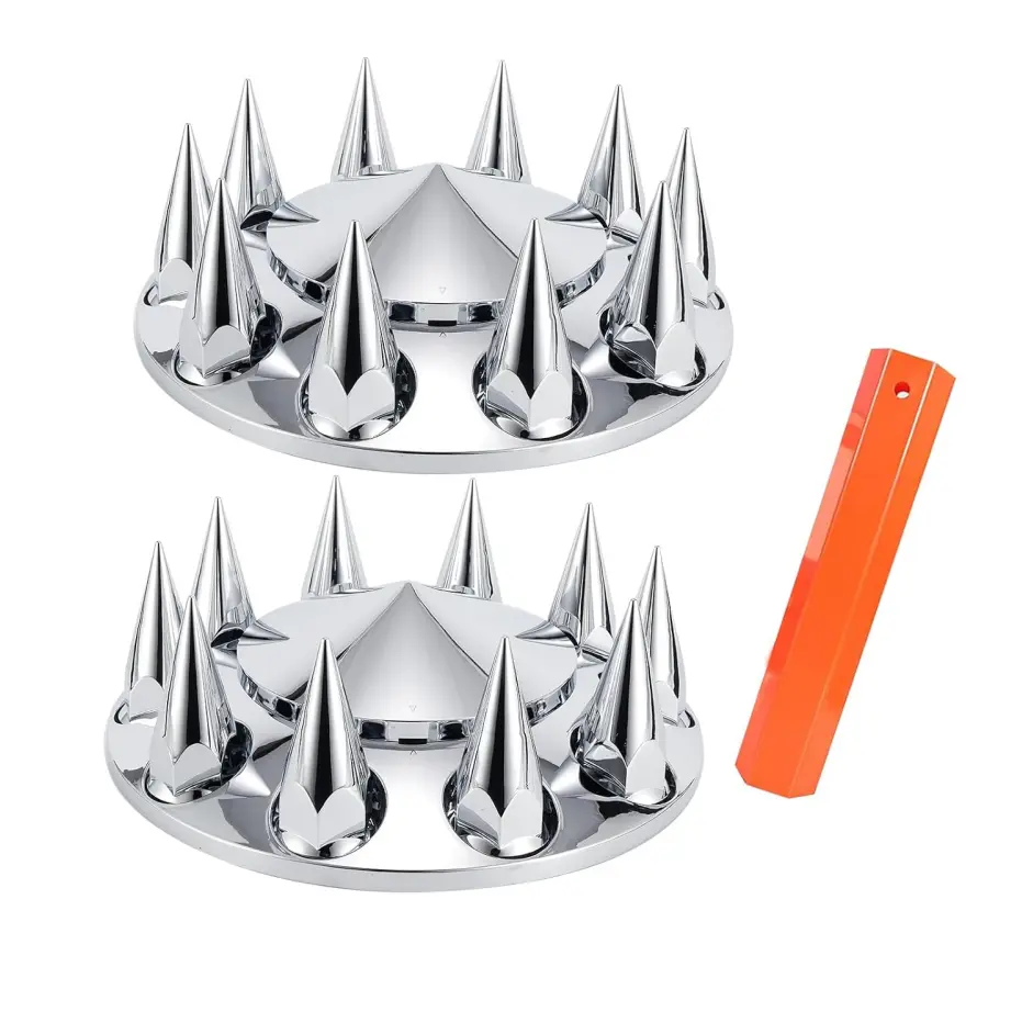 Spiked Removable Semi Truck Hub Cap Kits, ABS Chrome Plastic Front Axle Covers with 33mm Thread-On Screw-On Flange Lug Nut Covers, 2 Sets Vehicle Car Accessory to Protect Your Wheel