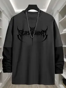 Men's Gothic Style Geometric Print Long Sleeve Tee, Casual Comfy Loose Round Neck T-shirt for Daily Wear, Men's Top for All Seasons