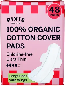 Pixie Organic Cotton Ultra Thin Large Pads for Women – Extra Heavy Absorbency with Wings – Leak-Proof, Hypoallergenic & Unscented for Feminine Care – Compostable, Biodegradable – 48 Count