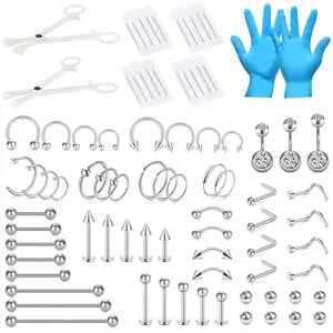 75PCS Mixed-size All Piercing Kit 316L Stainless Steel Piercing Kit with 14G 16G 18G 20G Piercing Needles Clamps for Cartilage Tragus Nose Septum Belly Lip Eyebrow Nipple Piercing