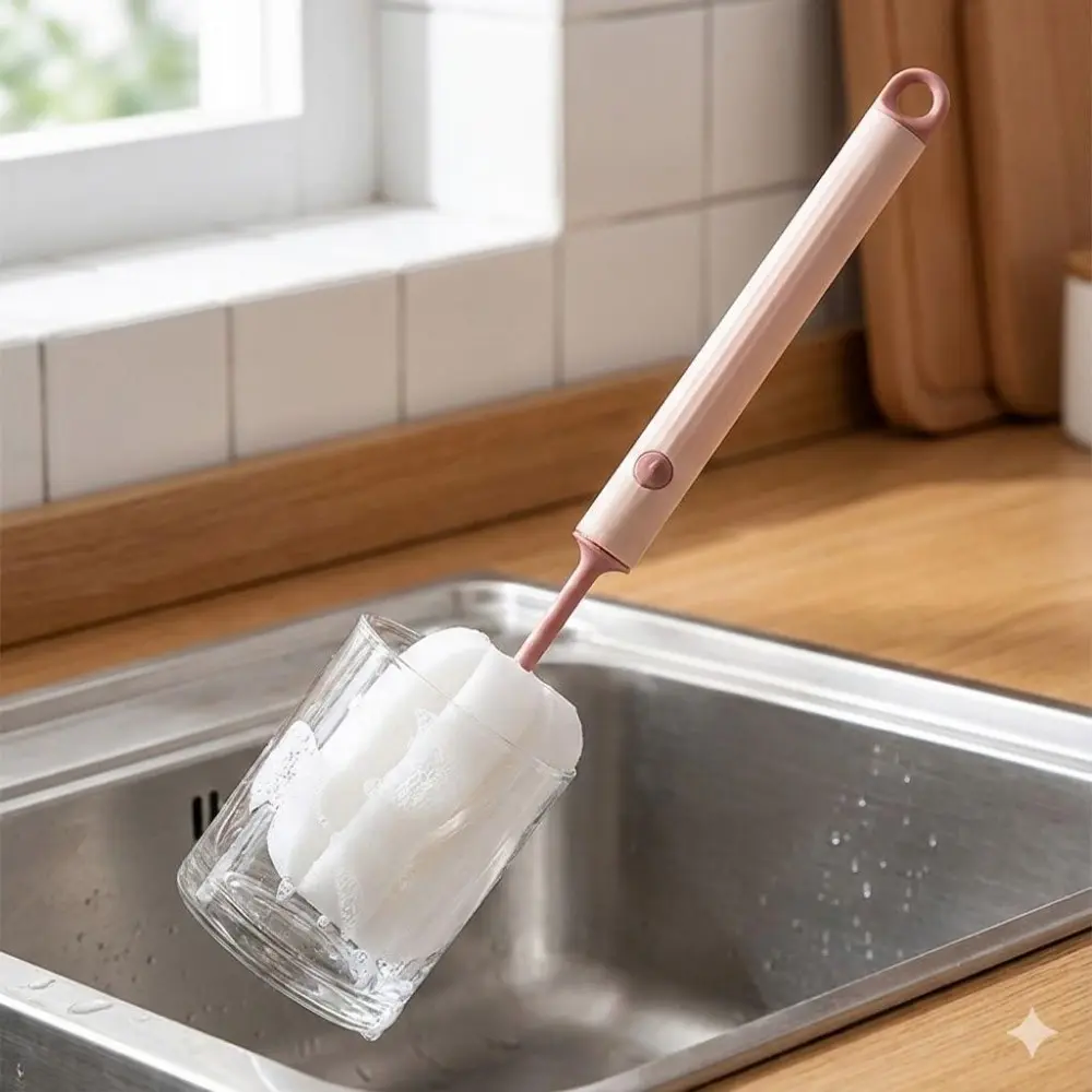 High-Temperature Resistant Deep Clean Sponge Brush: Non-Slip Long Handle for Dishes, Pans, Bottles & Tight Spaces. Multi-Purpose Kitchen & Sink Scrubber Tool.
