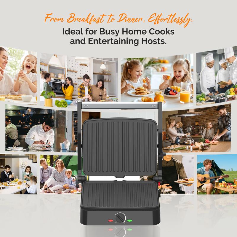 MIRASTON 3-in-1 Electric Indoor Grill & Panini Press, 1500W Fast Cooking, Adjustable Temp (410°F-482°F), Non-Stick Plates & Drip Tray, Easy Clean, Holiday Haul