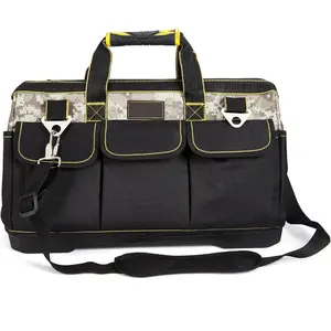 20 Inch Heavy Duty Tool Bag with Pockets, Waterproof Wide Mouth Tool Tote with Molded Base & Adjustable Shoulder Strap, Portable Soft Toolbox Organizer for Electrician Mechanic DIY