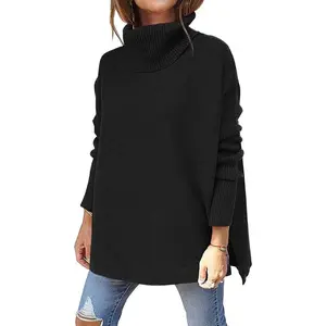 Women's Turtleneck Sweaters Oversized Autumn Long Batwing Sleeve Split Hem Tunic Pullover Knitwear