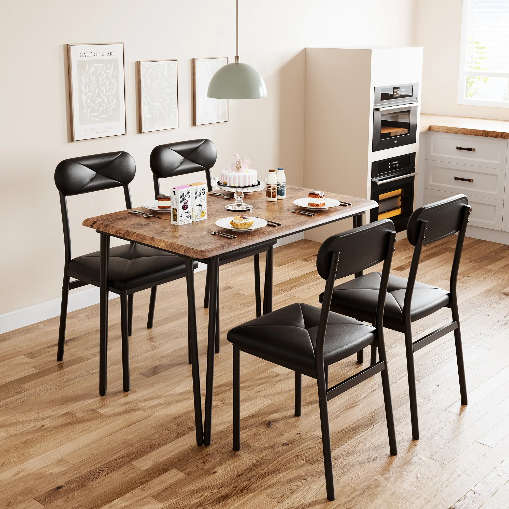 4-Piece Industrial Desk & Chair Set - Space-Saving Desk Setup with Engineered Wood Rectangular Table, PU Leather Sliding Chairs, Durable Indoor Furniture for Small Office & Shared Workspace