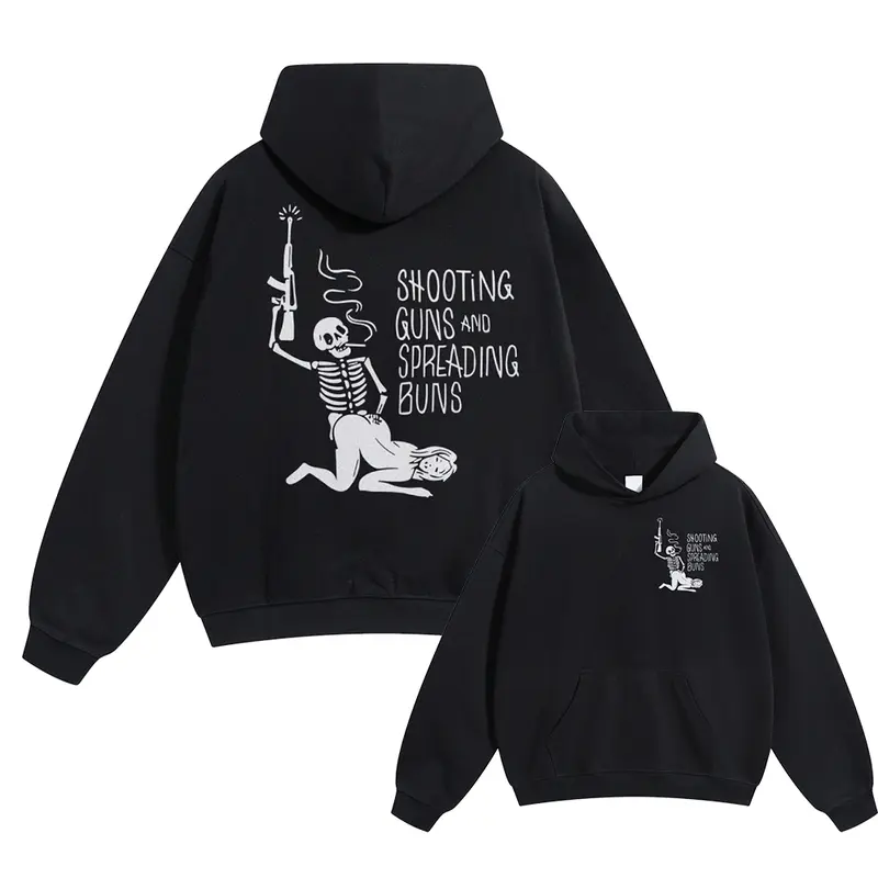 SHOOTING GUNS AND SPREADING BUNS Skull with Sexy Lady Unisex FallFreshness outfits men streetwear 80s 90s graphic tees cotton funny Hoodies men gifts