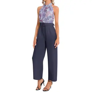 Women’s Halter Top Romper Jumpsuit Pantsuit Onesie One Piece Wide Leg Blue Red Oriental Pattern Belted Stylish Outfit Set Womenswear