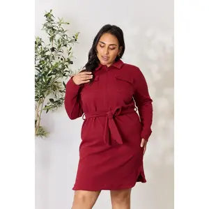 Culture Code Full Size Tie Front Half Zip Long Sleeve Shirt Dress