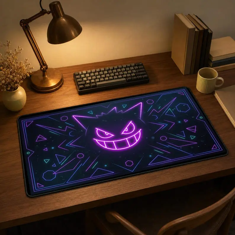 Neon Ghost Cat Desk Mat, Purple Gaming Mouse Pad, Gengar-r Geometric Deskmat, Waterproof Non Slip Deskpad, Spooky Gamer Gift Mousepad