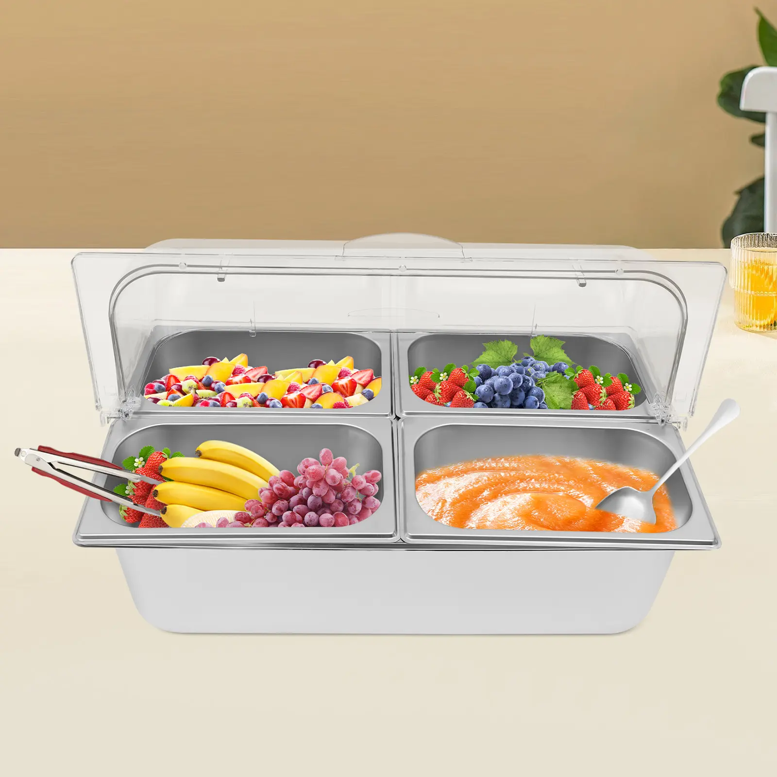 4-Compartment Stainless Steel Serving Tray with Ice Bags, Spoons & Clamps, HDPE Clear Lid, Perfect for Buffet Picnic Party & Hotel, Dishwasher Safe