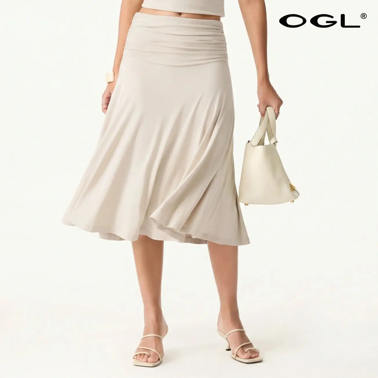 OGL Flowy Side Ruched A-line Midi Skirt - High Stretch, Pear Shaped & Hourglass Friendly Women's Skirt thunder thigh skirt