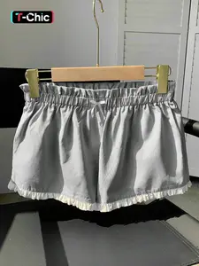 Women's Relaxed-Fit Gingham Plaid Shorts, Elastic-Waist Ruffle-Trim Bow-Detail Shorts，Ideal for Coffee Runs/Weekend Hangouts/Lounge Wear, Feminine