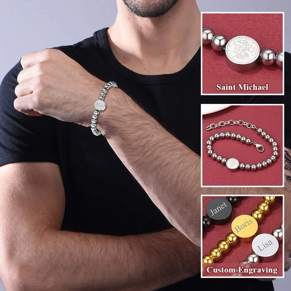 FaithHeart St. Michael Archangel Beaded Bracelet - Christian Stainless Steel Cross Jewelry for Men, Adjustable for Daily Wear