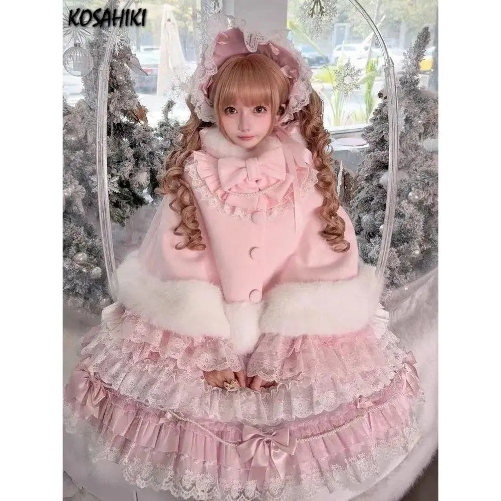 Lolita Cloak Fluffy Patchwork Hooded Coats Japanese Sweet Bow Winter Women Coat Y2k Aesthetic Lace Patchwork Jacket Streetwear